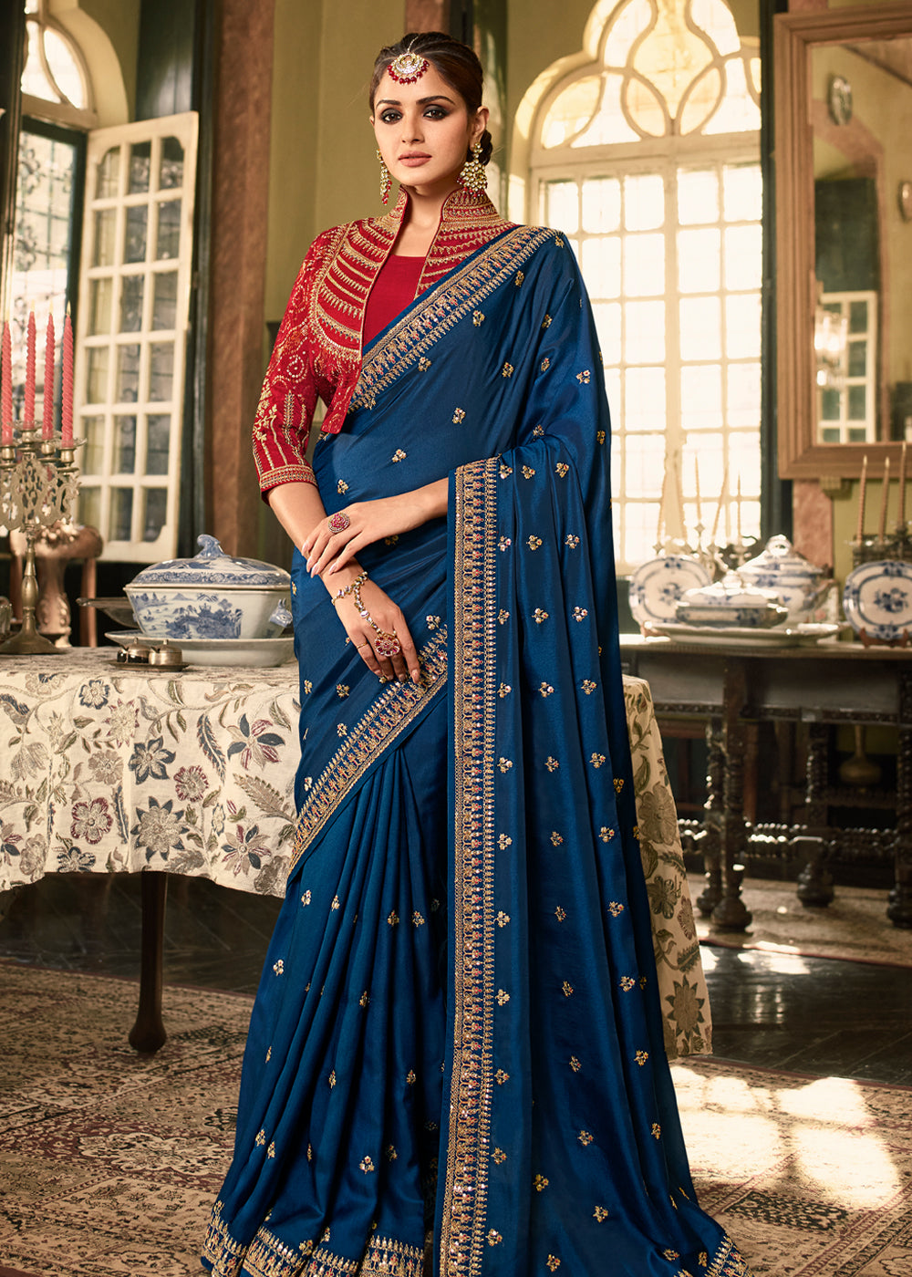 Buy MySilkLove Biscay Blue Designer Embroidered Silk Saree Online