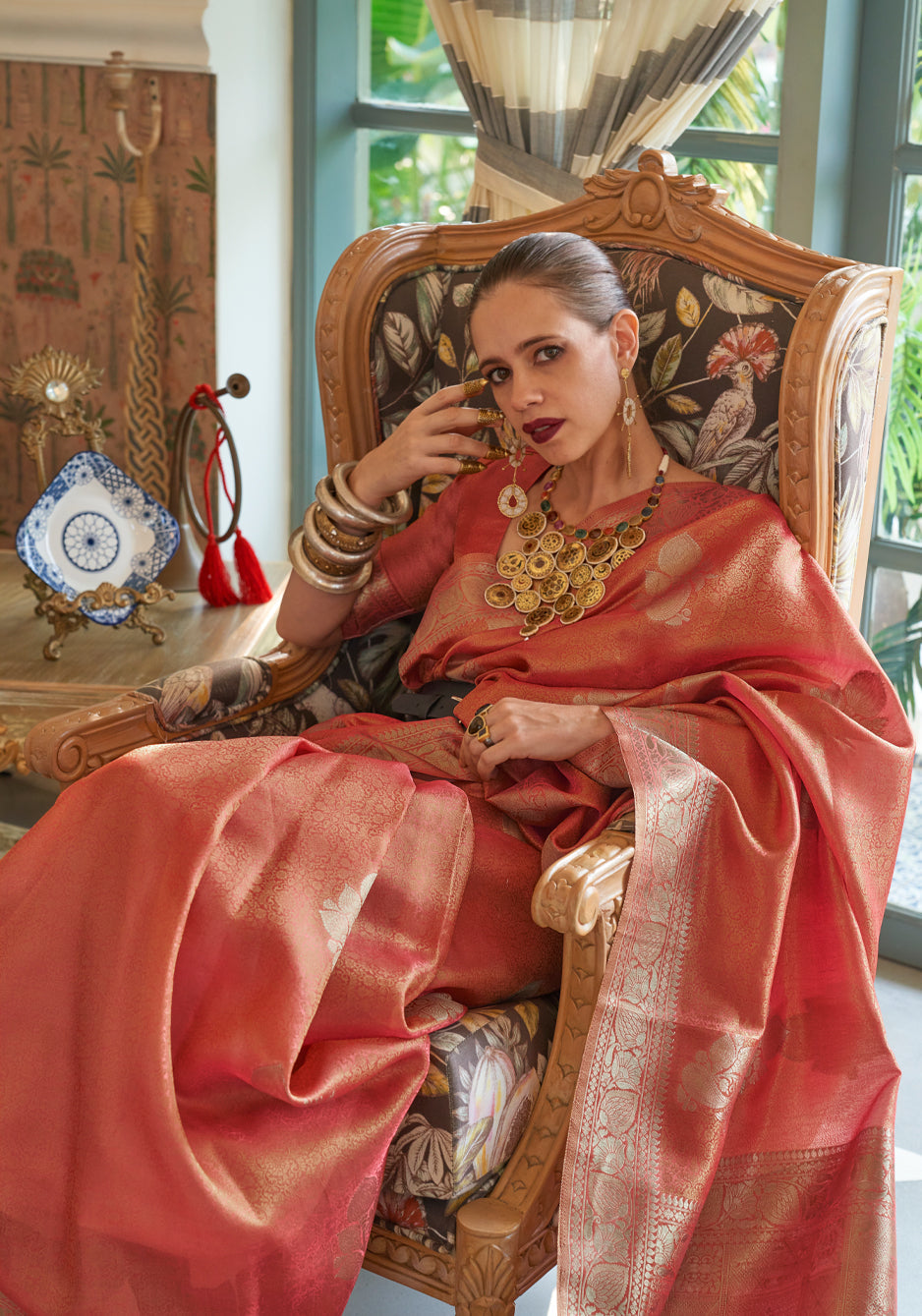 Buy MySilkLove Mona Lisa Peach Woven Banarasi Satin Tissue Silk Saree Online