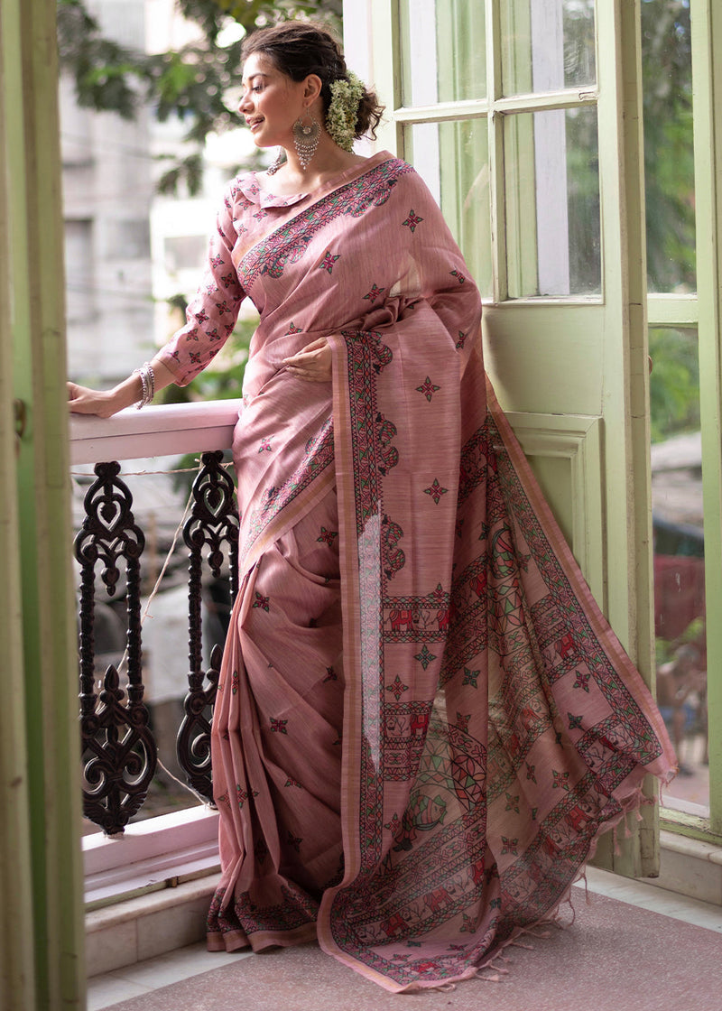 Au Chico Pink Kalamkari Printed Silk Saree