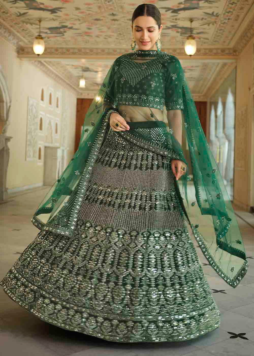 MySilkLove Leather Jacket Green Soft Net Lehenga Choli