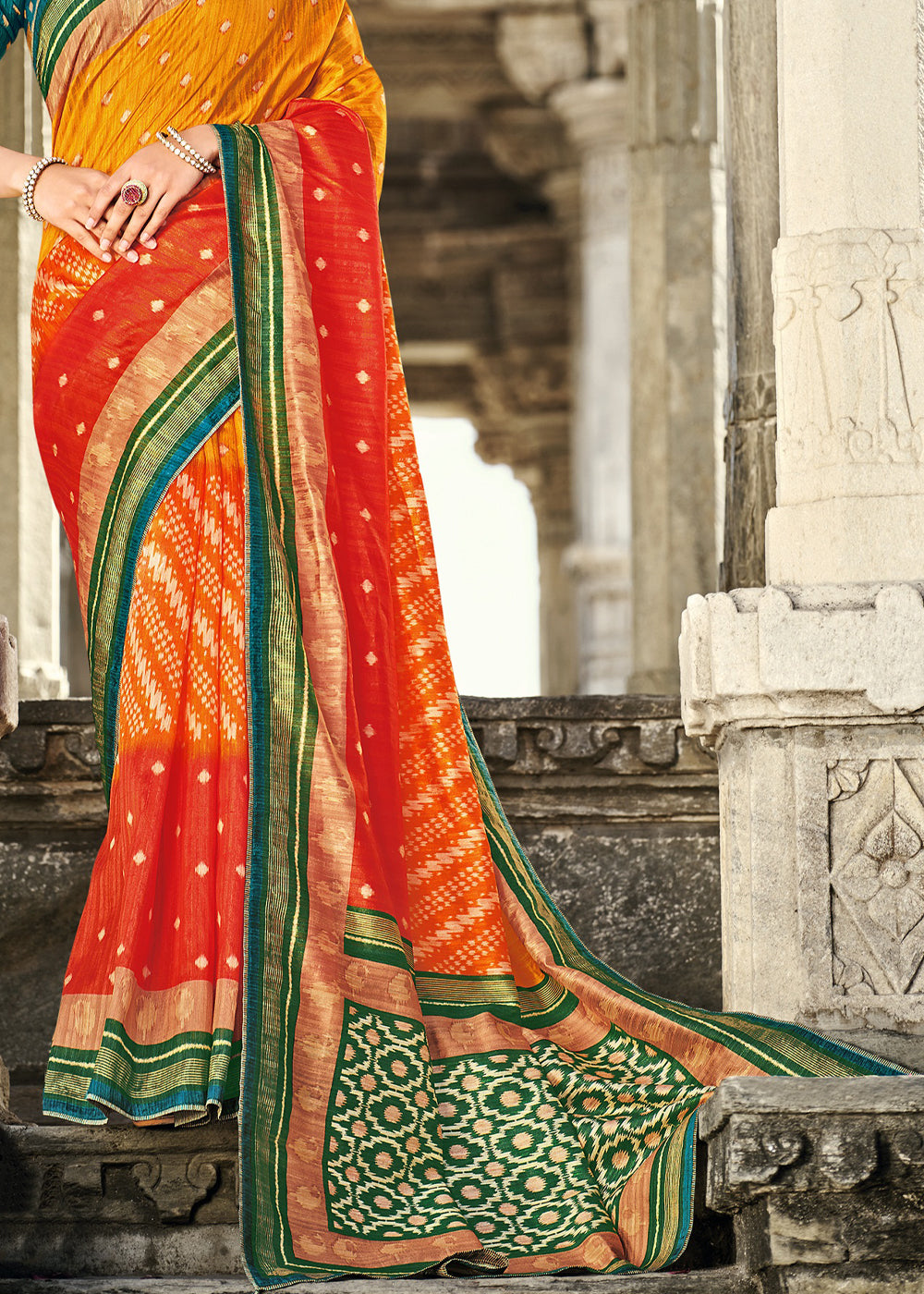 MySilkLove Gamboge Orange and Green Gadhwal Silk Saree