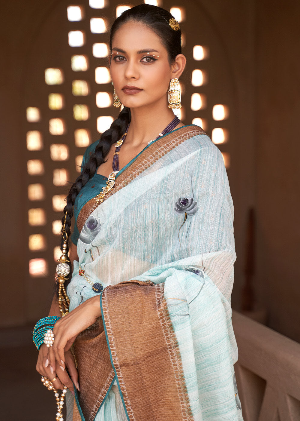 Buy MySilkLove Jagged Ice Blue Printed Kora Silk Saree Online