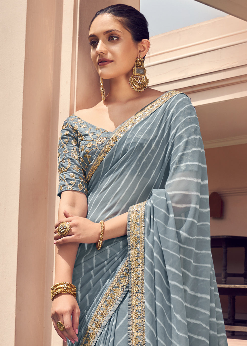 MySilkLove Sirocco Grey Lehriya Print Georgette Saree With Embroidered Blouse