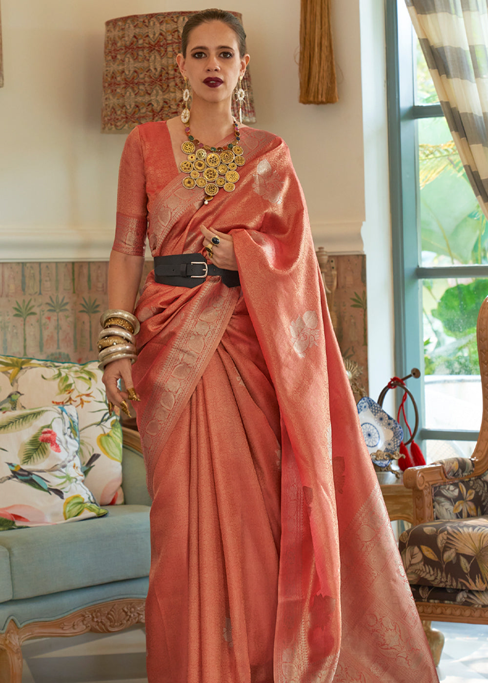 Buy MySilkLove Mona Lisa Peach Woven Banarasi Satin Tissue Silk Saree Online