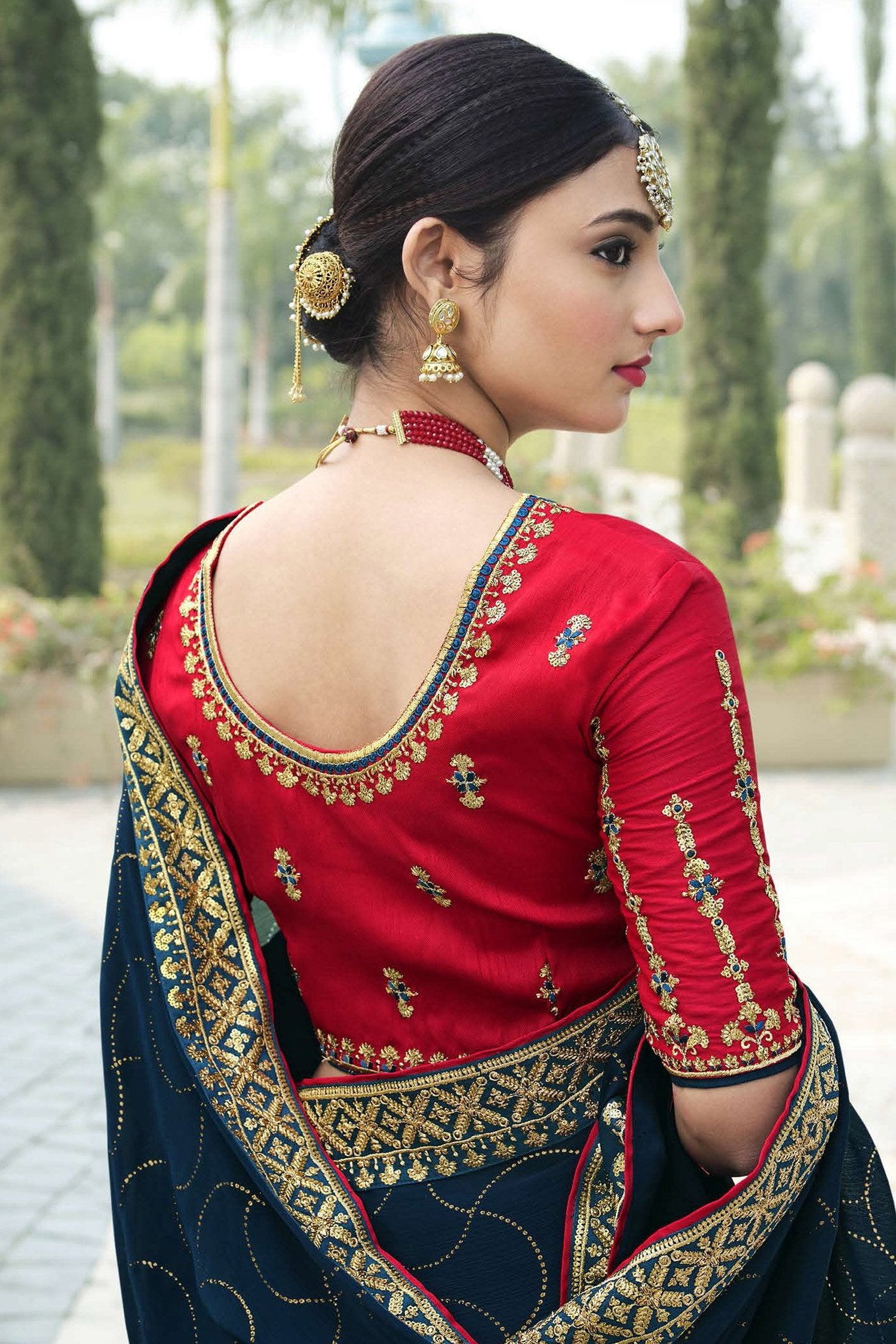 Buy MySilkLove Firefly Blue and Red Chiffon Stone Work Saree Online