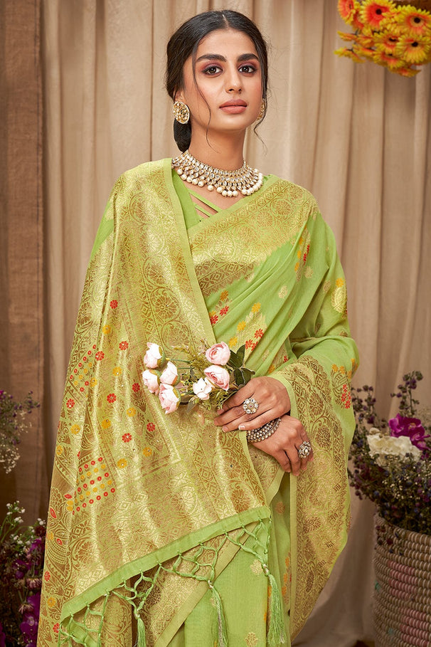 Buy MySilkLove Peridot Green Cotton Saree Online