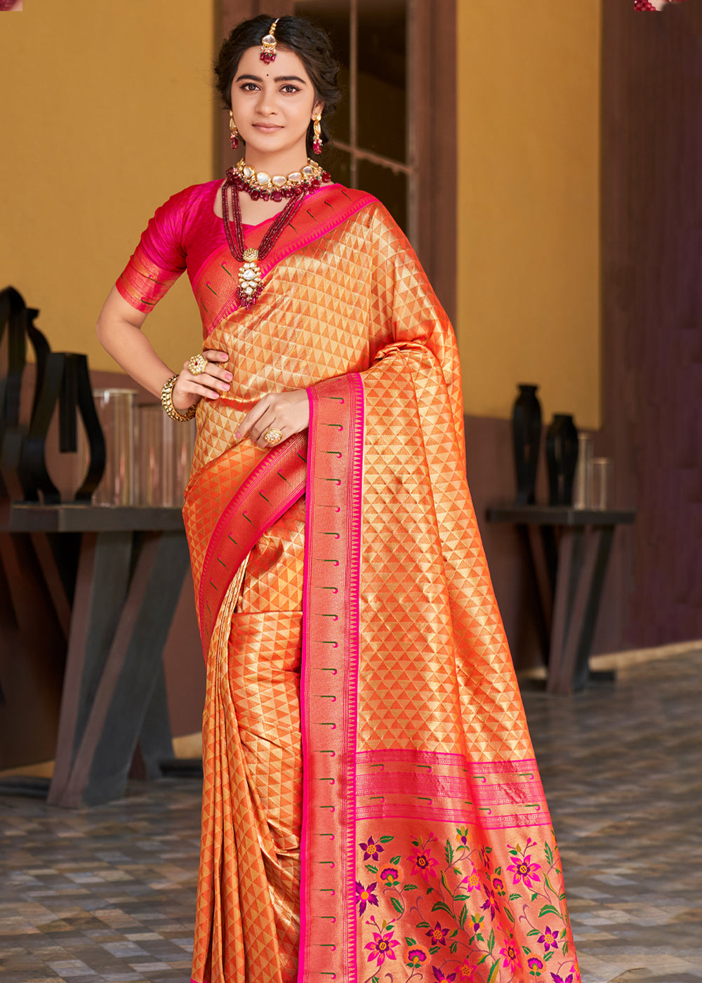 Buy MySilkLove Chardonnay Orange Woven Paithani Silk Saree Online