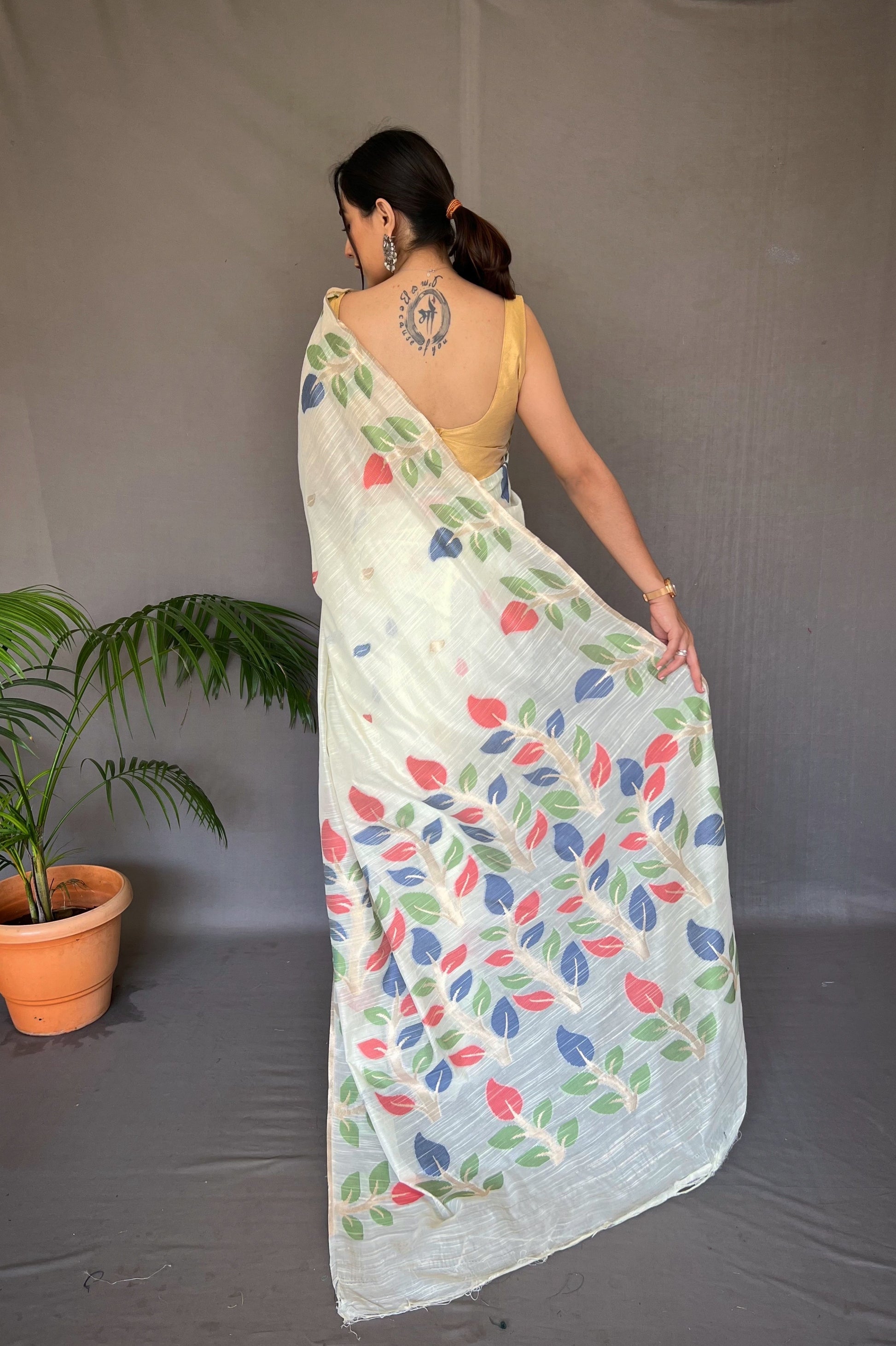 Buy MySilkLove Spanish White Woven Cotton Jamdani Silk Saree Online