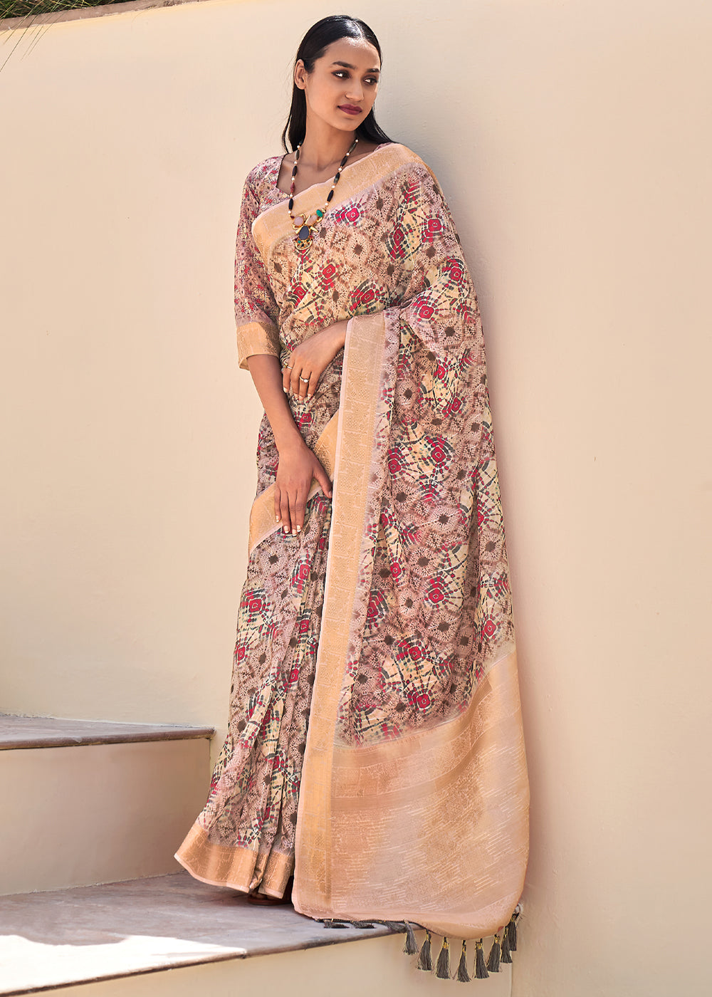 Buy MySilkLove Tan Purple Digital Print Linen Saree Online