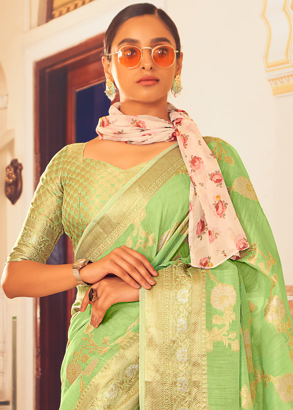 Buy MySilkLove Wild Willow Green Zari Woven Linen Silk Saree Online