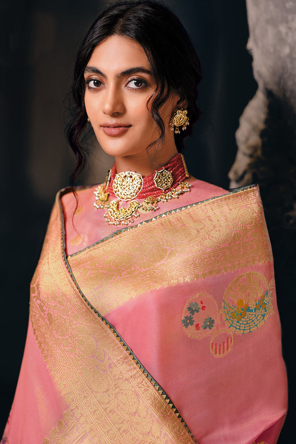 Buy MySilkLove Sweet Pink Zari Woven Banarasi Saree Online