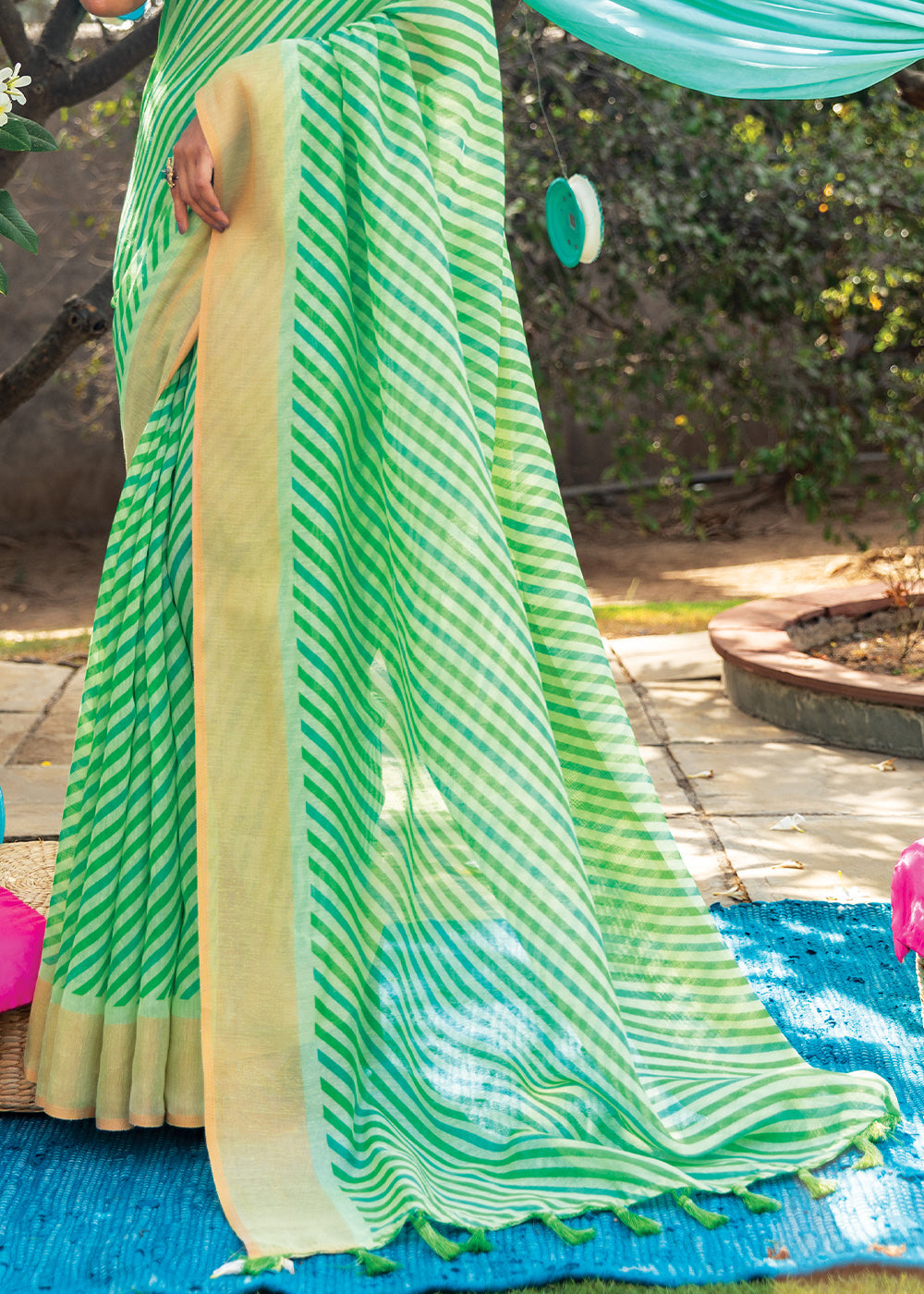 Buy MySilkLove Mint Green Cotton Saree With Leheriya Print Online