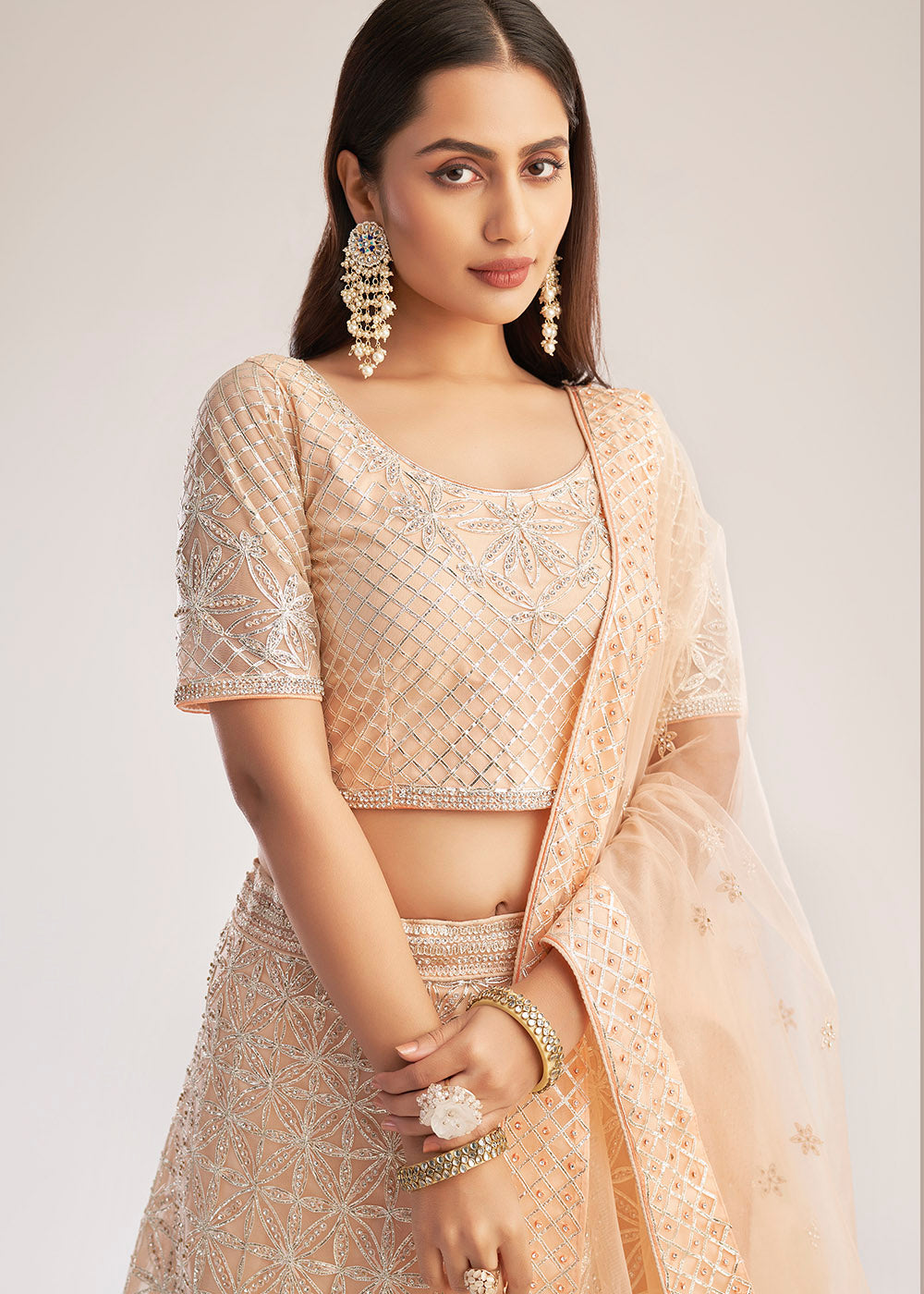 Buy MySilkLove Manhattan Peach Net Designer Lehenga Choli Online