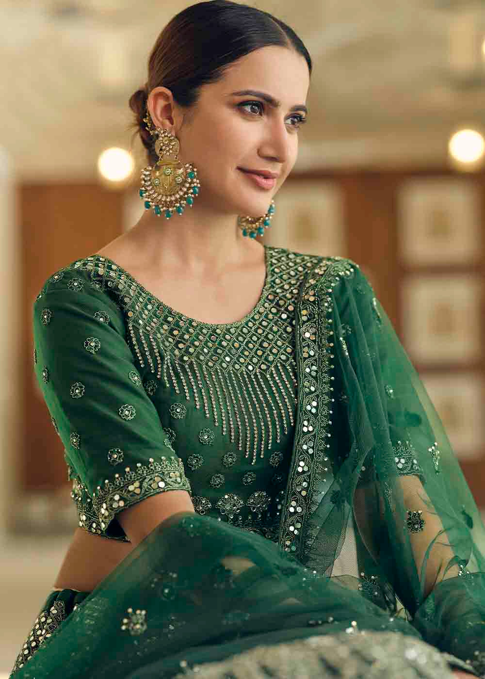 Buy MySilkLove Leather Jacket Green Soft Net Lehenga Choli Online