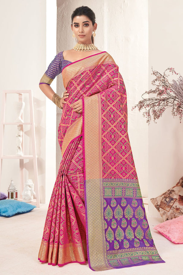 Buy MySilkLove Deep Blush Pink and Purple Zari Woven Patola Saree Online