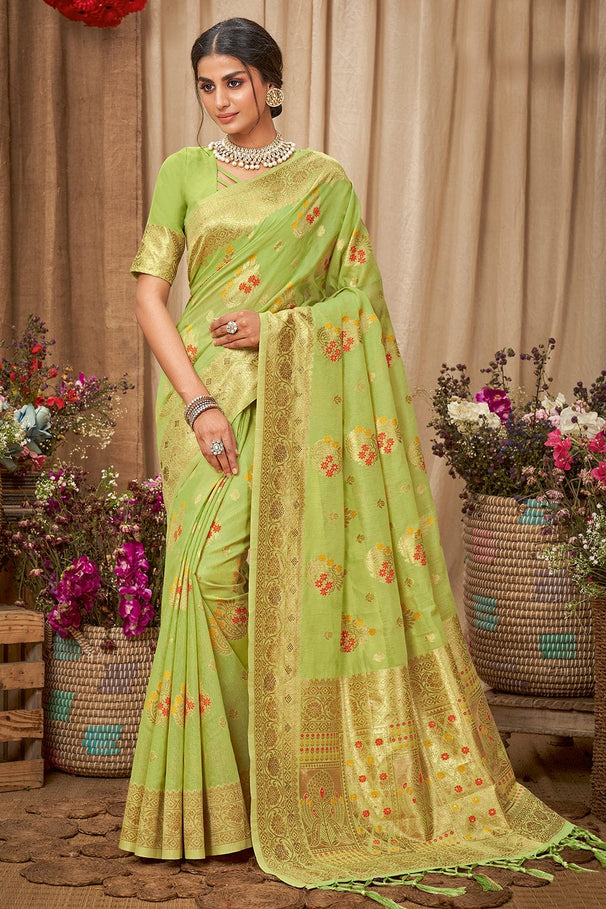 Buy MySilkLove Peridot Green Cotton Saree Online