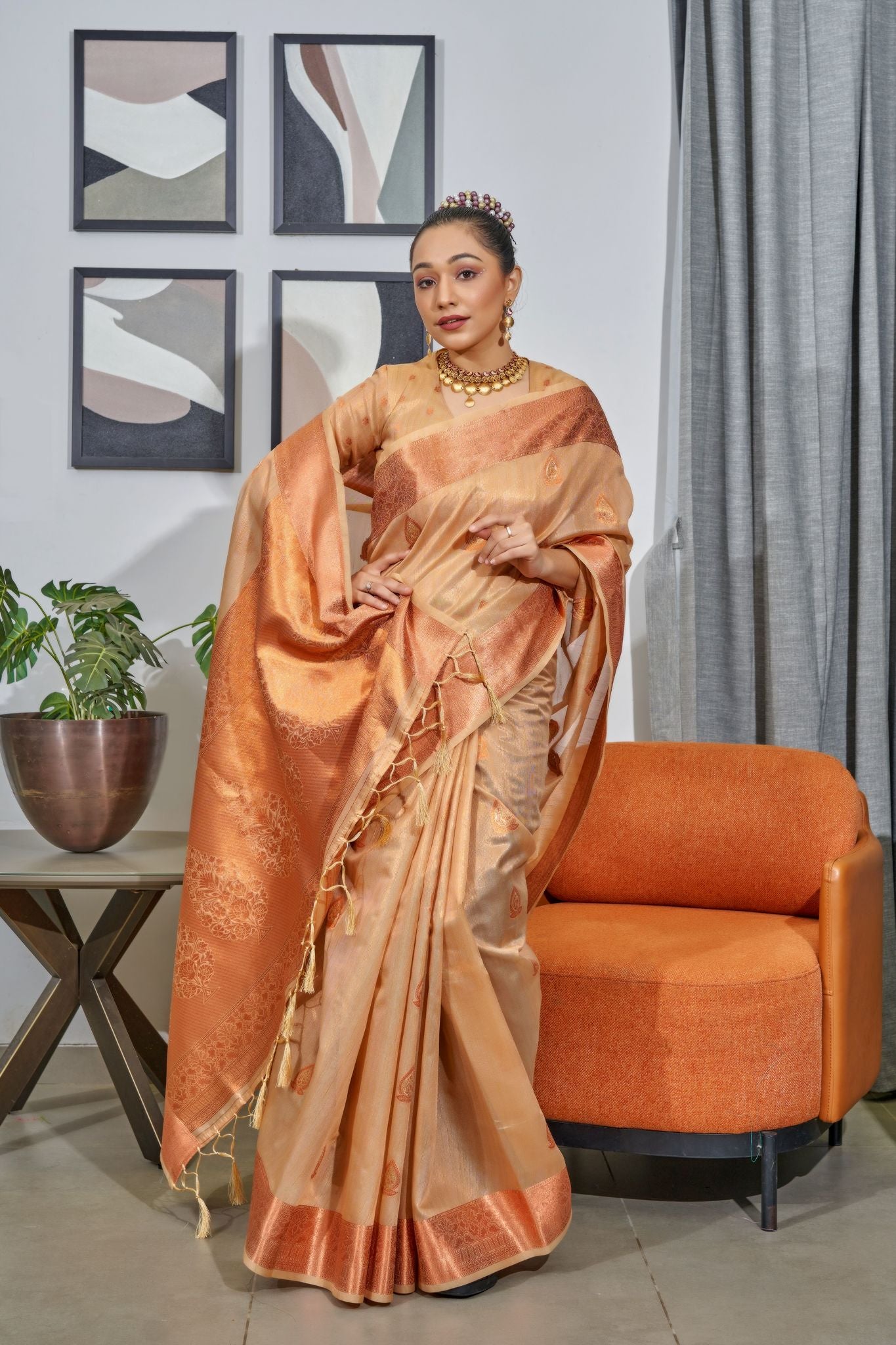 Buy MySilkLove Chocolate Brown Woven Organza Tissue Silk Saree Online