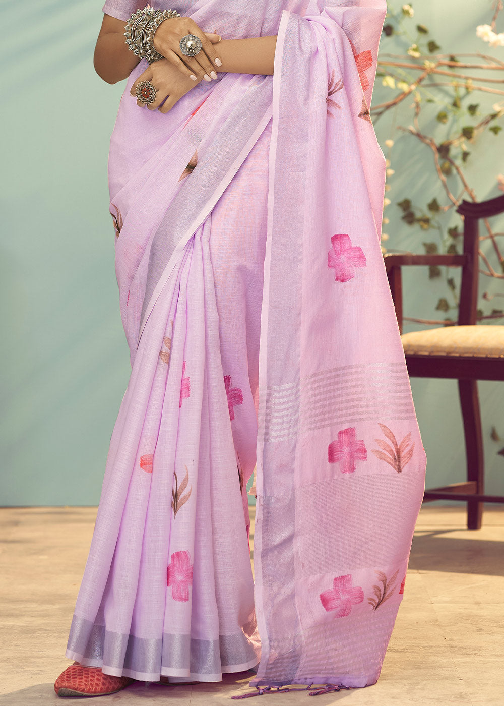 Buy MySilkLove Lily Purple Soft Linen Silk Floral Printed Saree Online