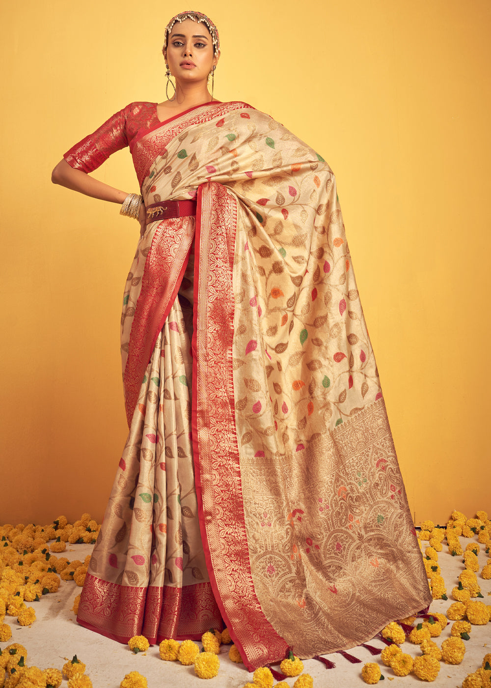 Buy MySilkLove Sandwisp Cream Woven Banarasi Brocade Silk Saree Online