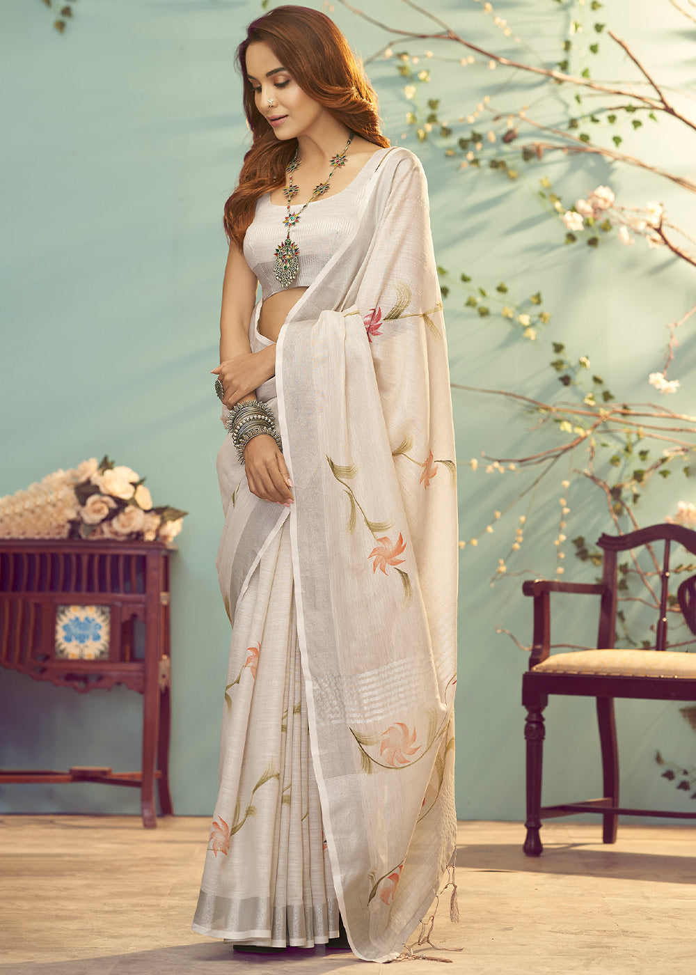 Buy MySilkLove Rodeo Dust Brown Soft Linen Silk Floral Printed Saree Online