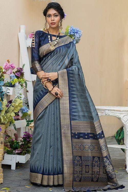 Buy MySilkLove Black Coral Pearl Grey Banarasi Raw Silk Saree Online