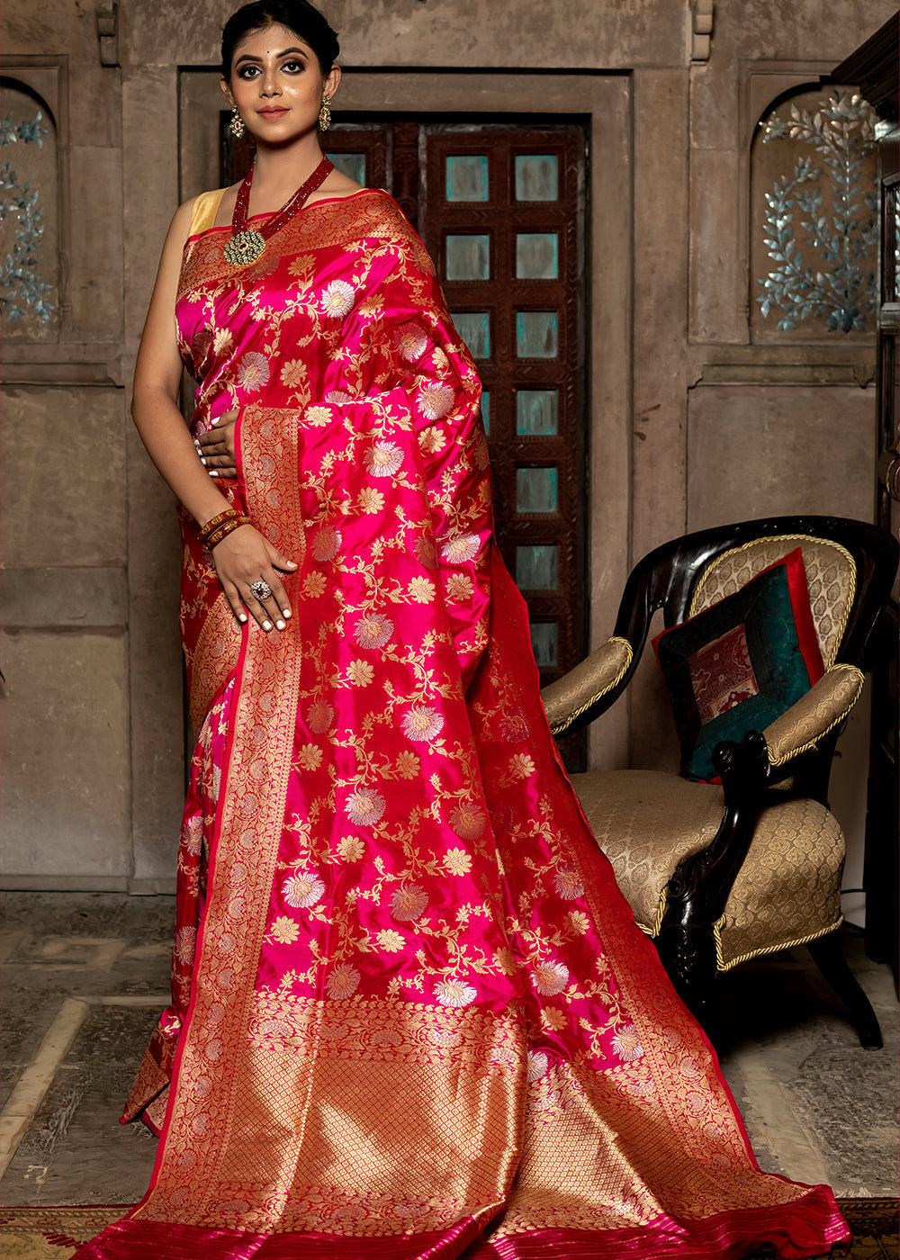 Buy MySilkLove Watermelon Pink Hand Woven Katan Pure Silk Saree Online