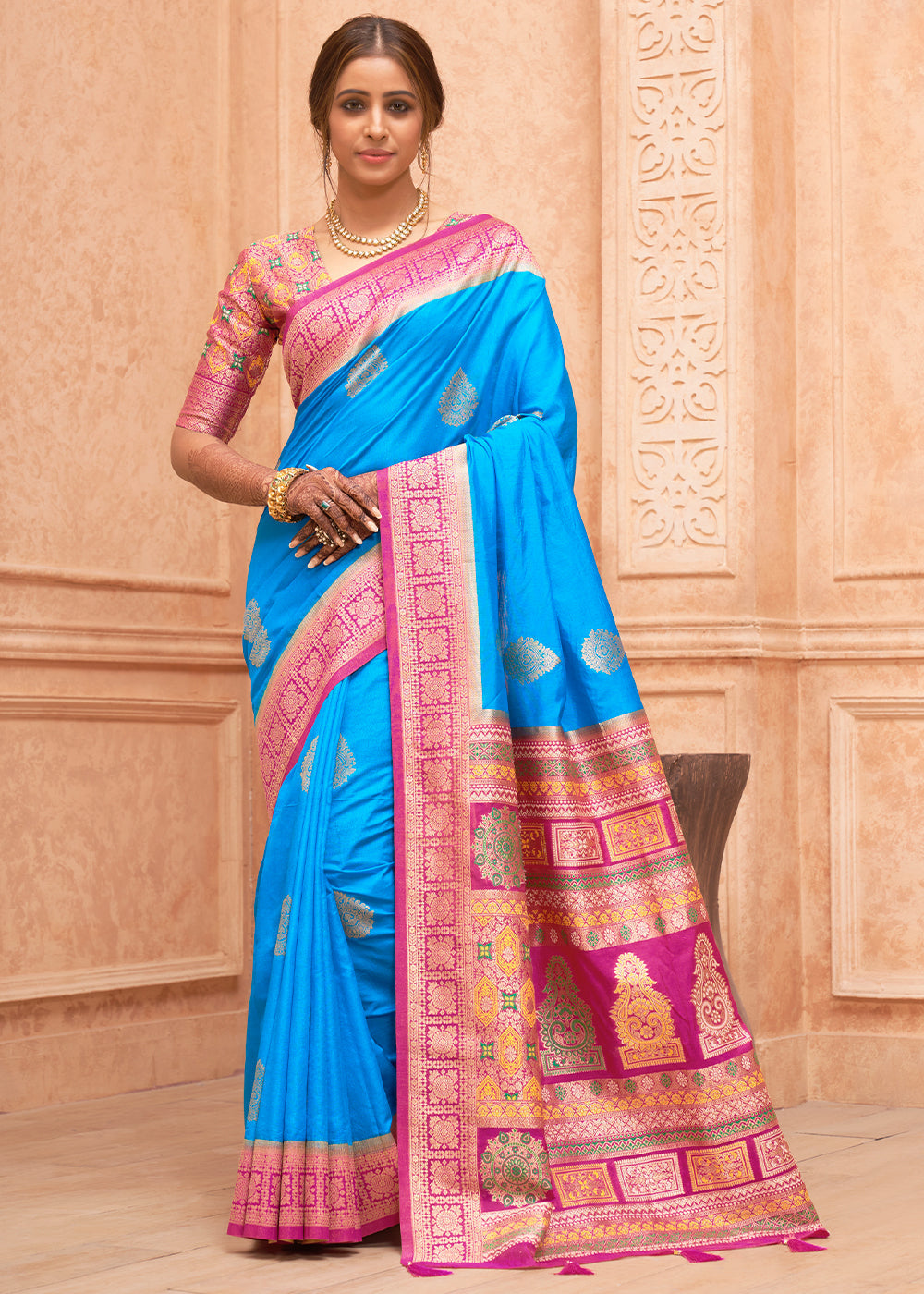 Buy MySilkLove Eastern Blue and Pink Zari Woven Banarasi Silk Saree Online