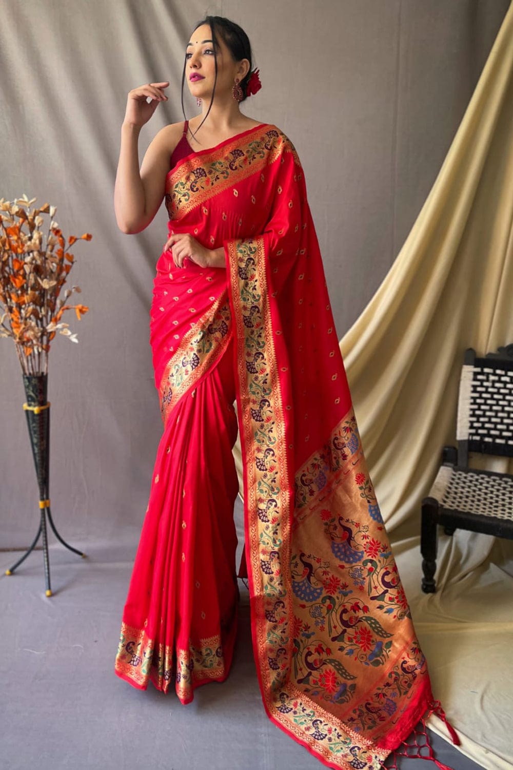 Buy MySilkLove Crimson Red Zari Woven Paithani Saree Online