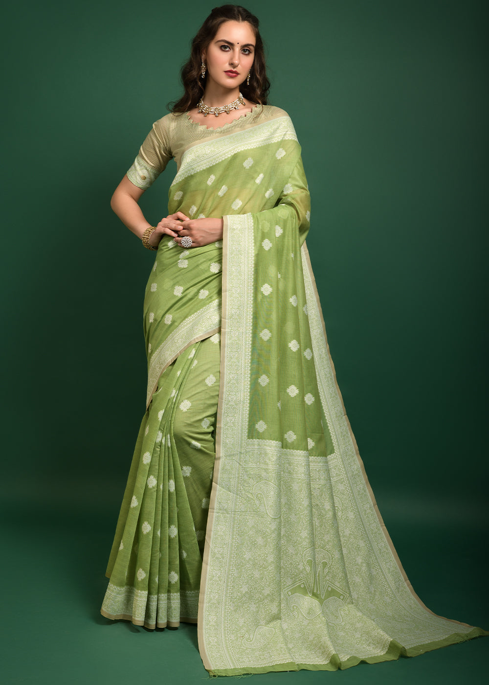 Buy MySilkLove Wild Green Chikankari Chanderi Cotton Woven Saree Online