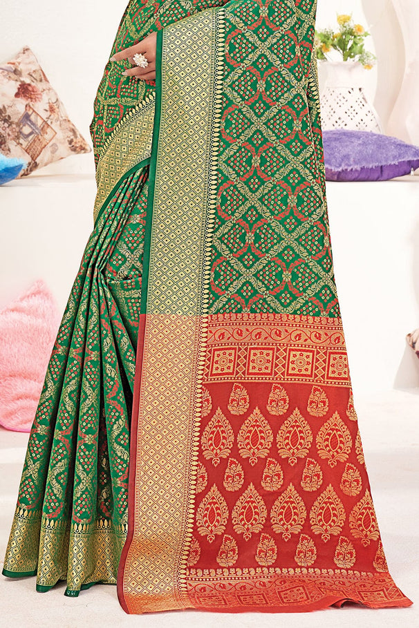 Buy MySilkLove Amulet Green and Red Zari Woven Patola Saree Online