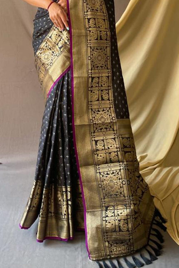 Buy MySilkLove Night Rider Black Zari Woven Kanjivaram Silk Saree Online