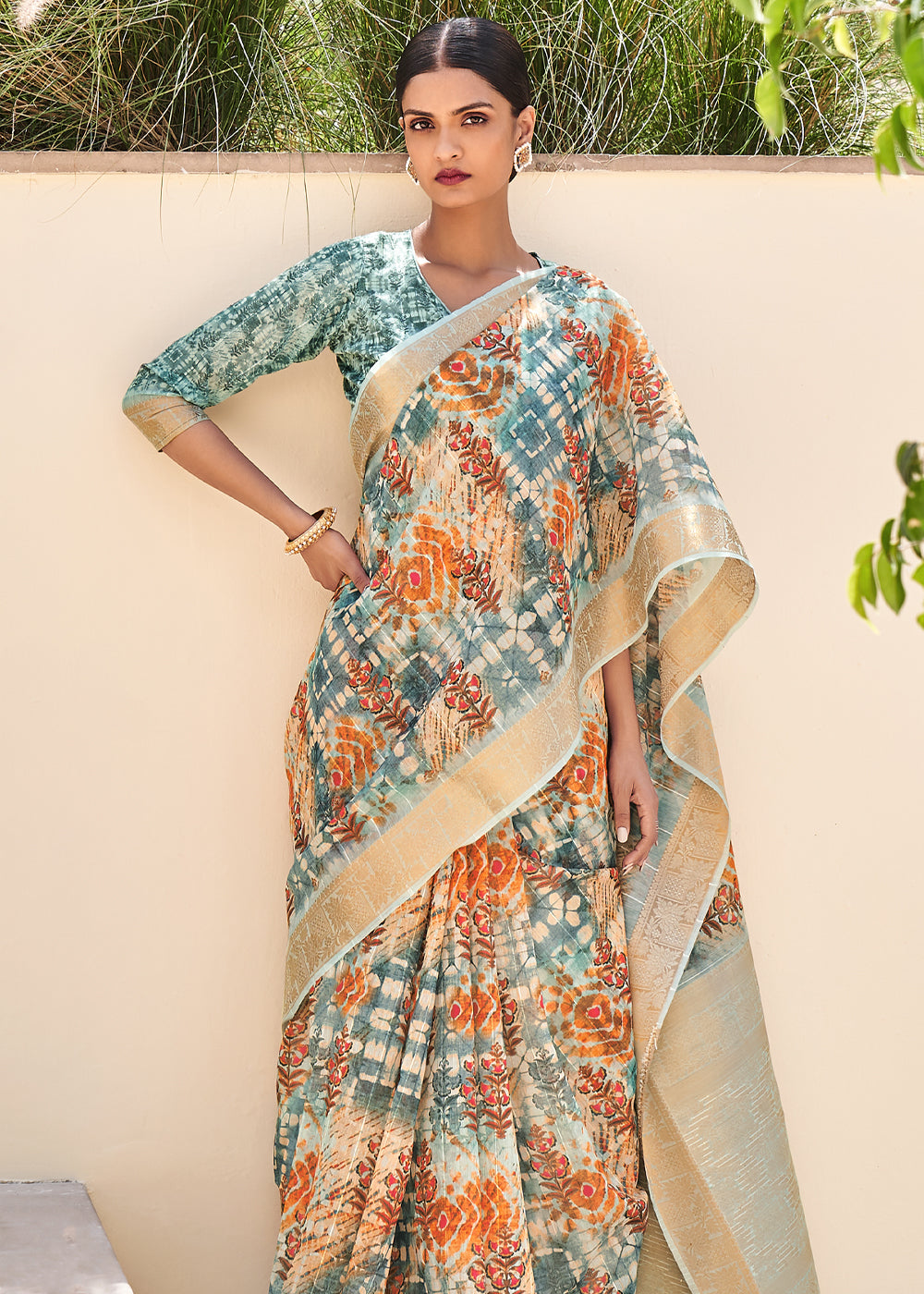 Buy MySilkLove Stack Blue Digital Print Linen Saree Online