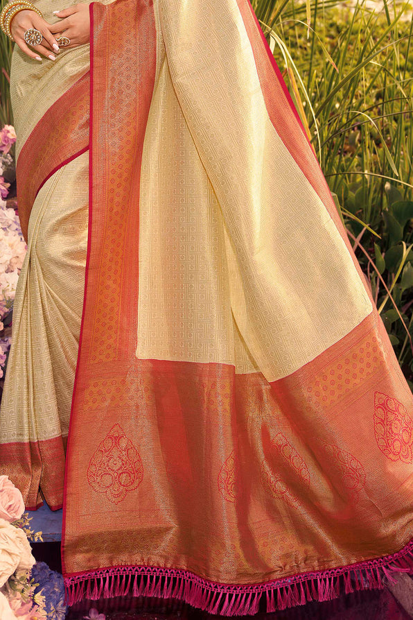 Buy MySilkLove Scotch Mist Cream and Red Woven Kanjivaram Saree Online