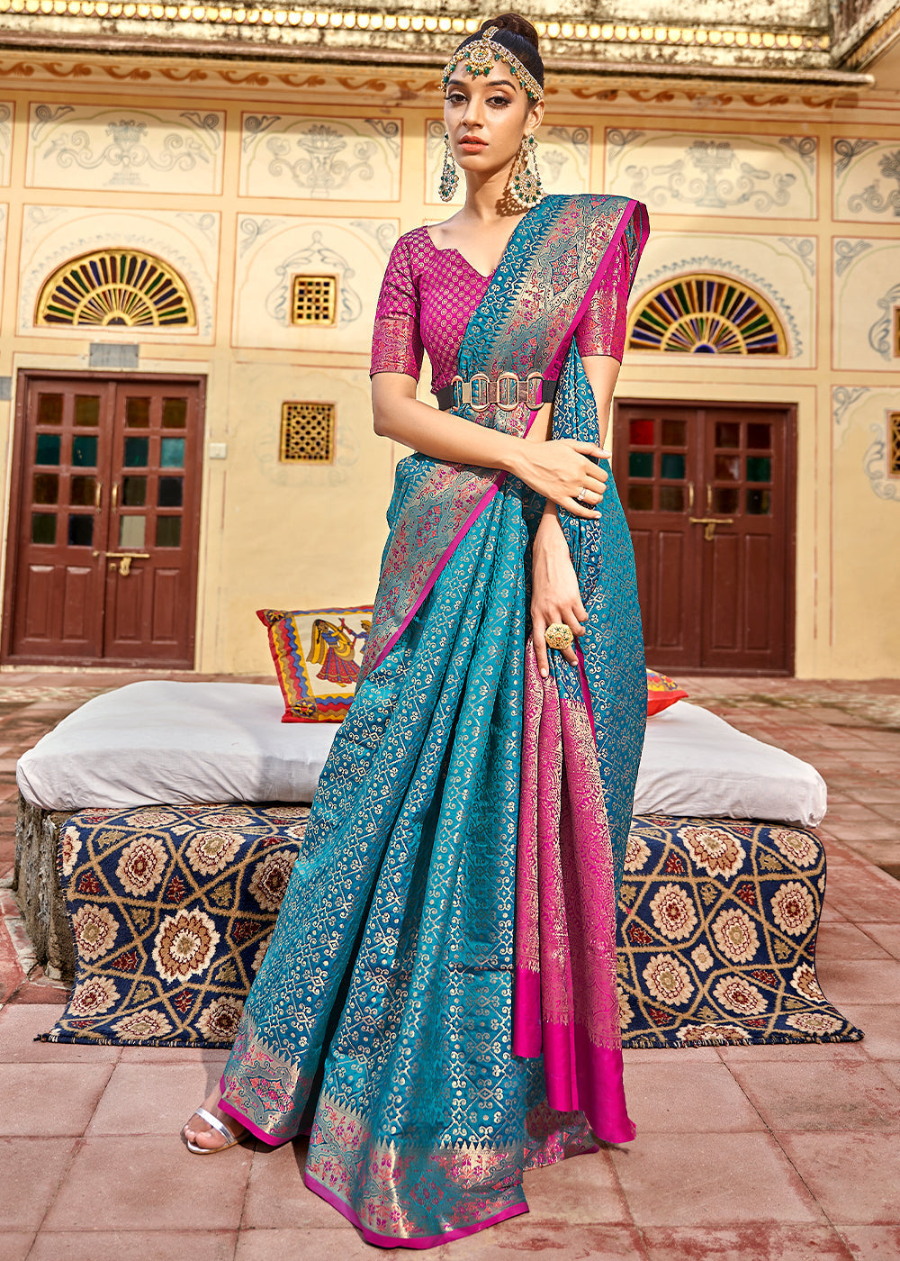 Buy MySilkLove Rock Blue and Pink Woven Soft Silk Saree Online