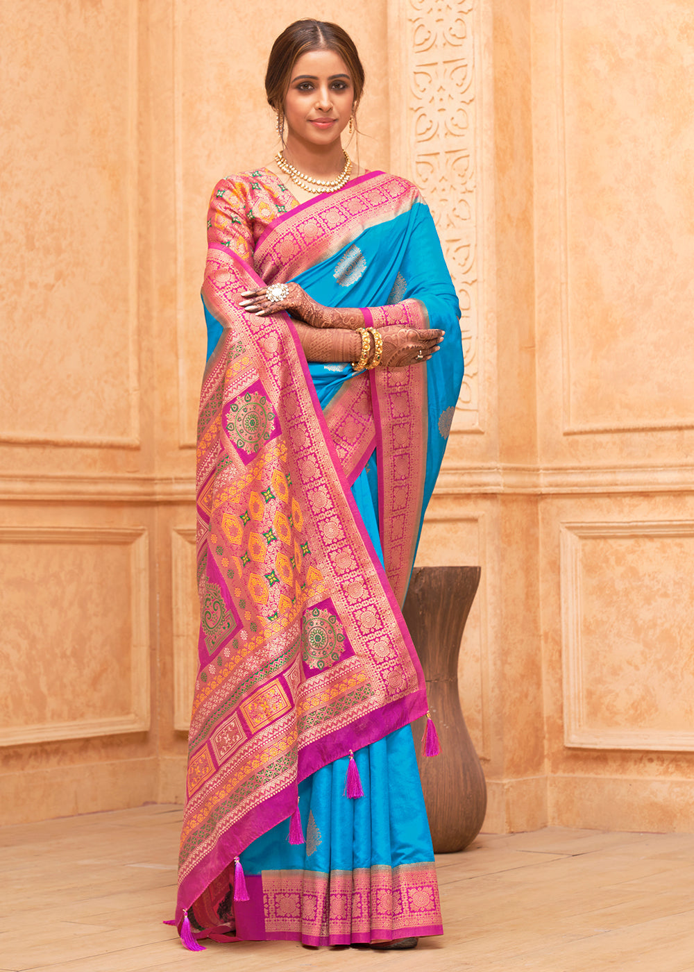 Buy MySilkLove Picton Blue and Pink Zari Woven Banarasi Silk Saree Online