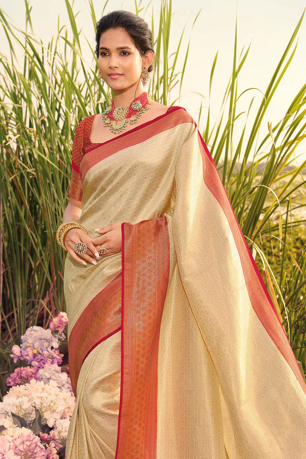 Buy MySilkLove Scotch Mist Cream and Red Woven Kanjivaram Saree Online