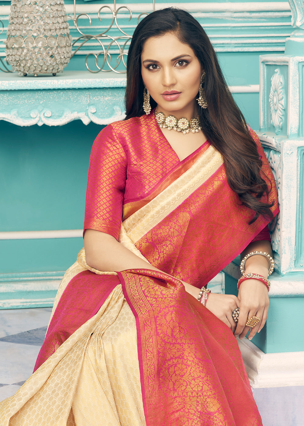 Buy MySilkLove Wheat Golden and Red Kanjivaram Saree Online