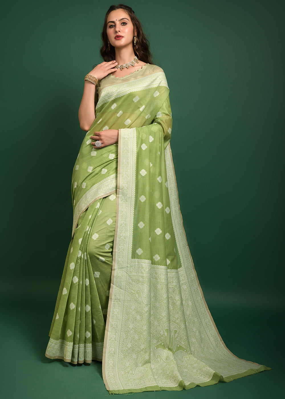 MySilkLove Wild Green Chikankari Chanderi Cotton Woven Saree