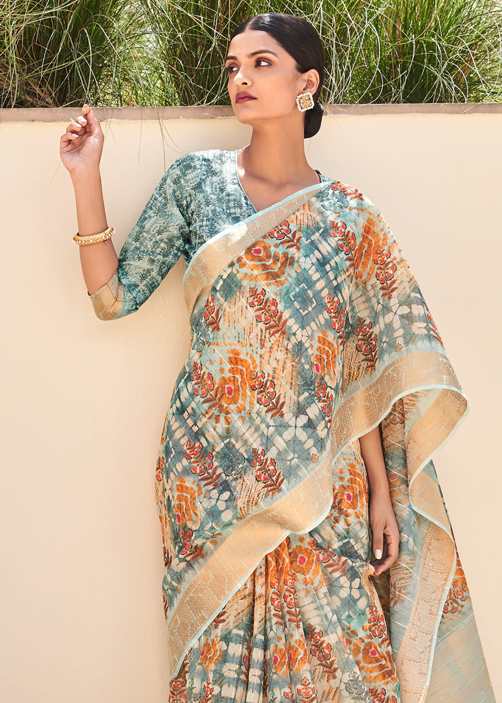 Buy MySilkLove Stack Blue Digital Print Linen Saree Online