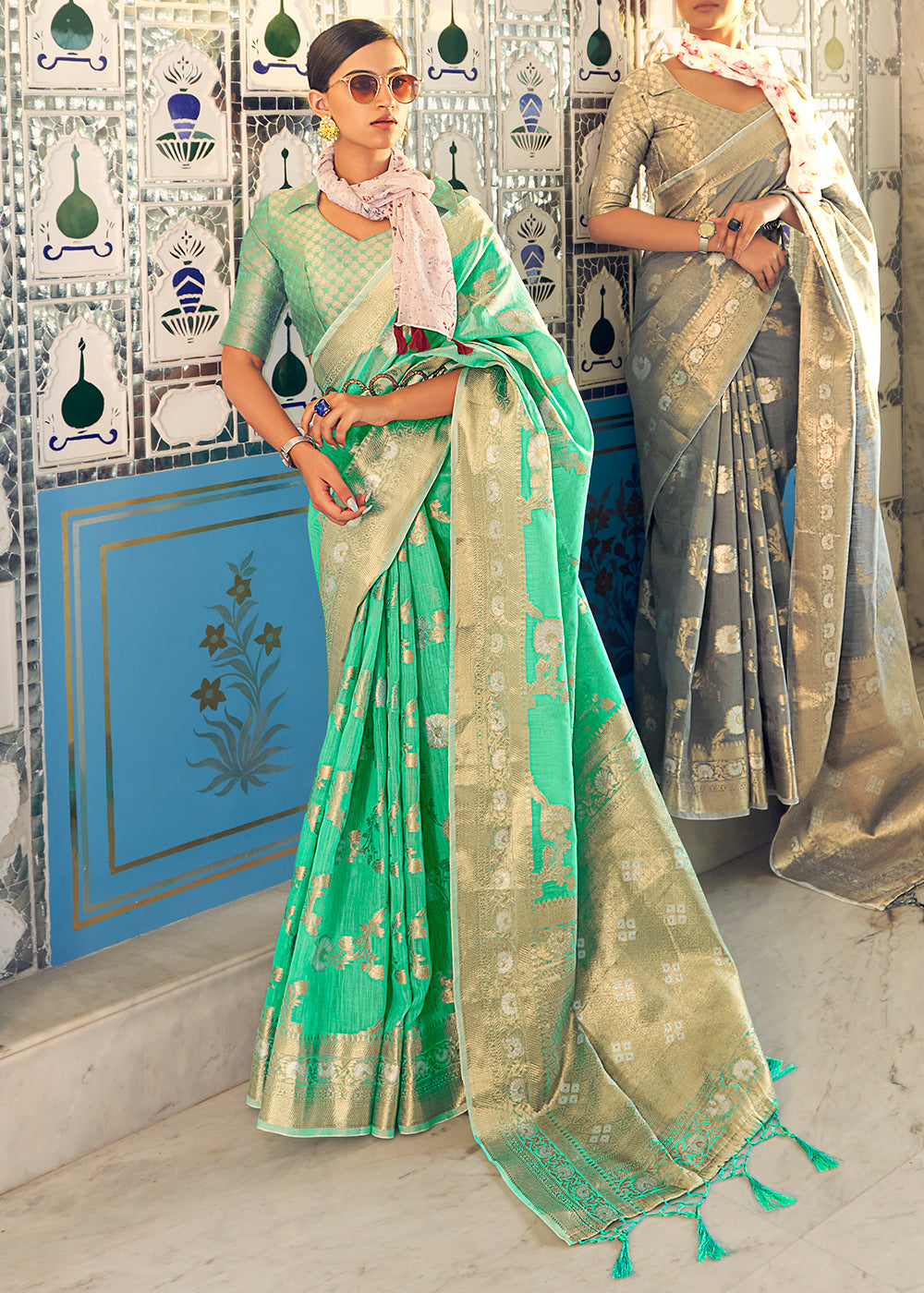 MySilkLove Ocean Green Zari Woven Linen Silk Saree