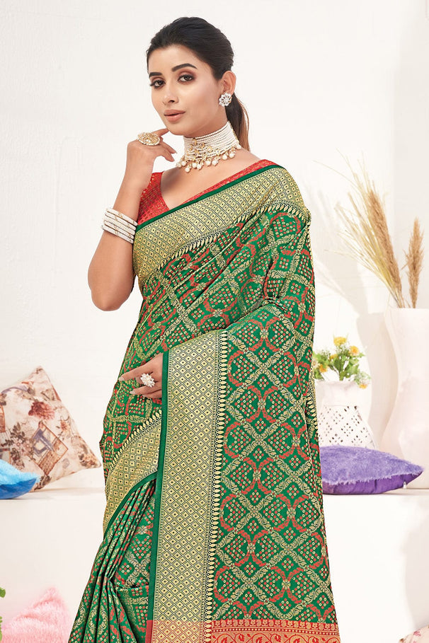 MySilkLove Amulet Green and Red Zari Woven Patola Saree