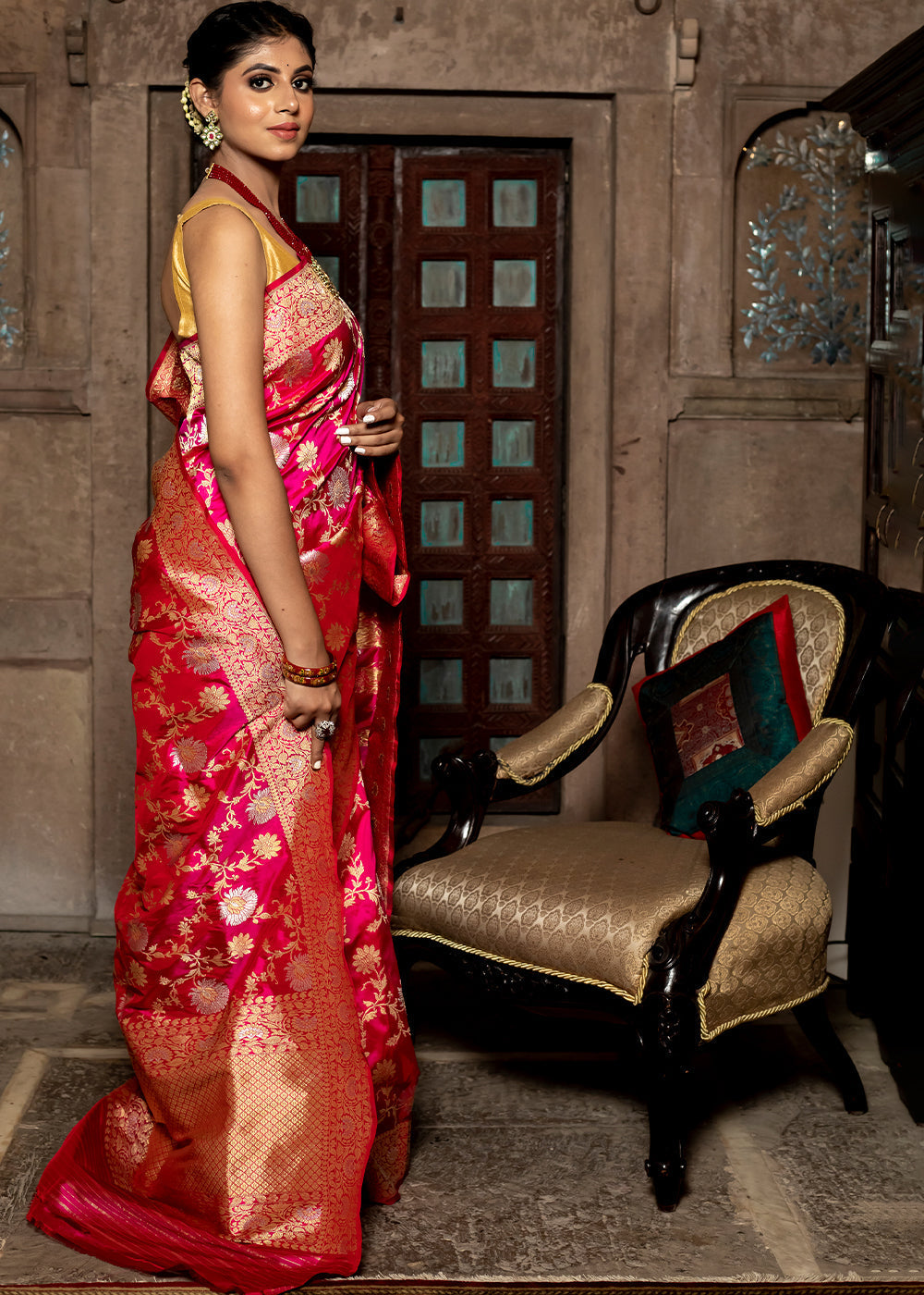 Buy MySilkLove Watermelon Pink Hand Woven Katan Pure Silk Saree Online