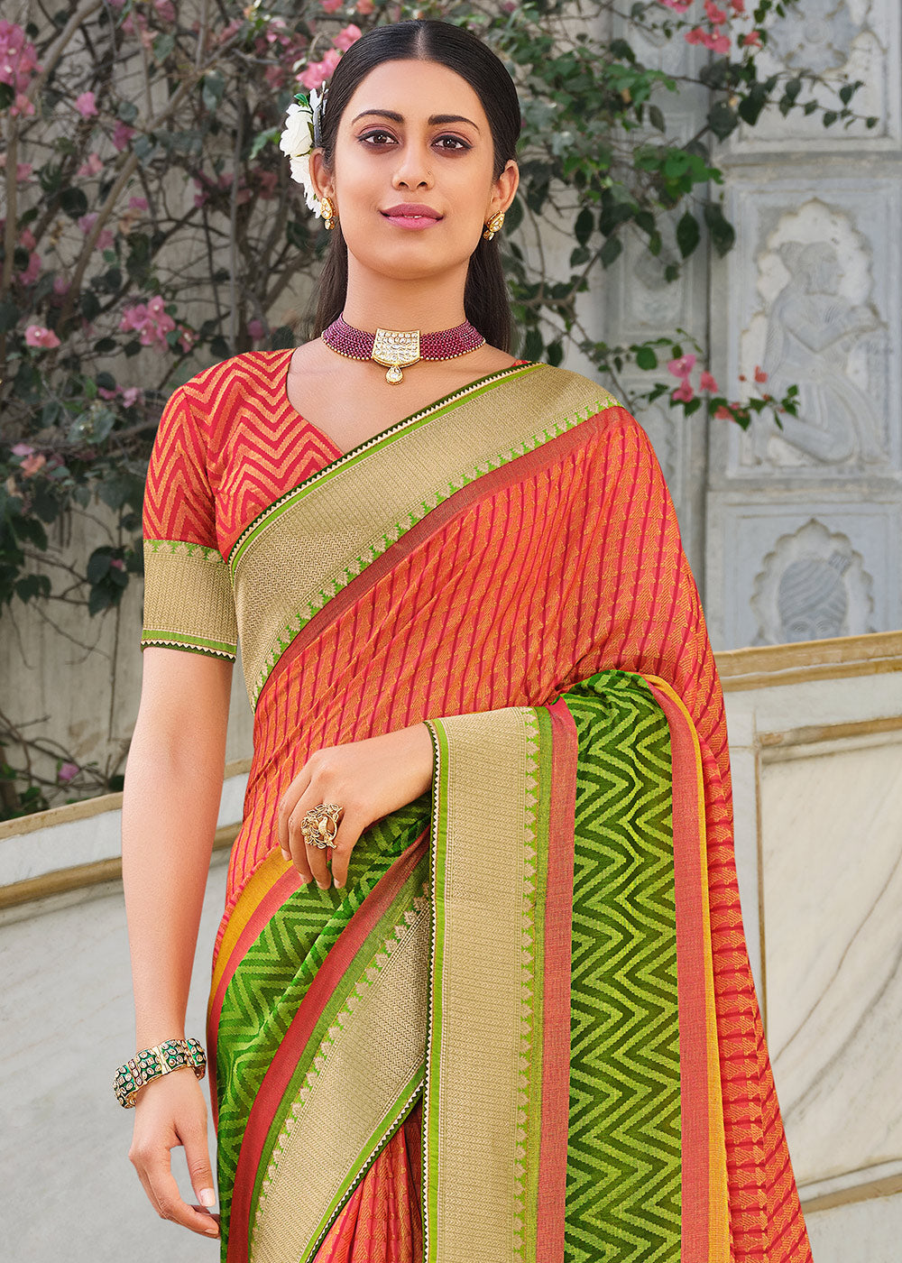 Buy MySilkLove Bittersweet Red and Green Brasso Patola Printed Saree Online