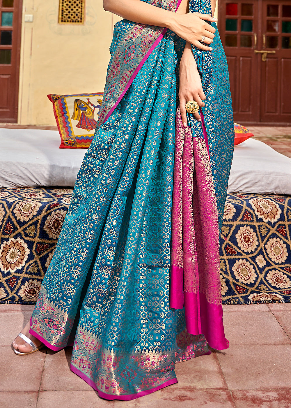 Buy MySilkLove Rock Blue and Pink Woven Soft Silk Saree Online