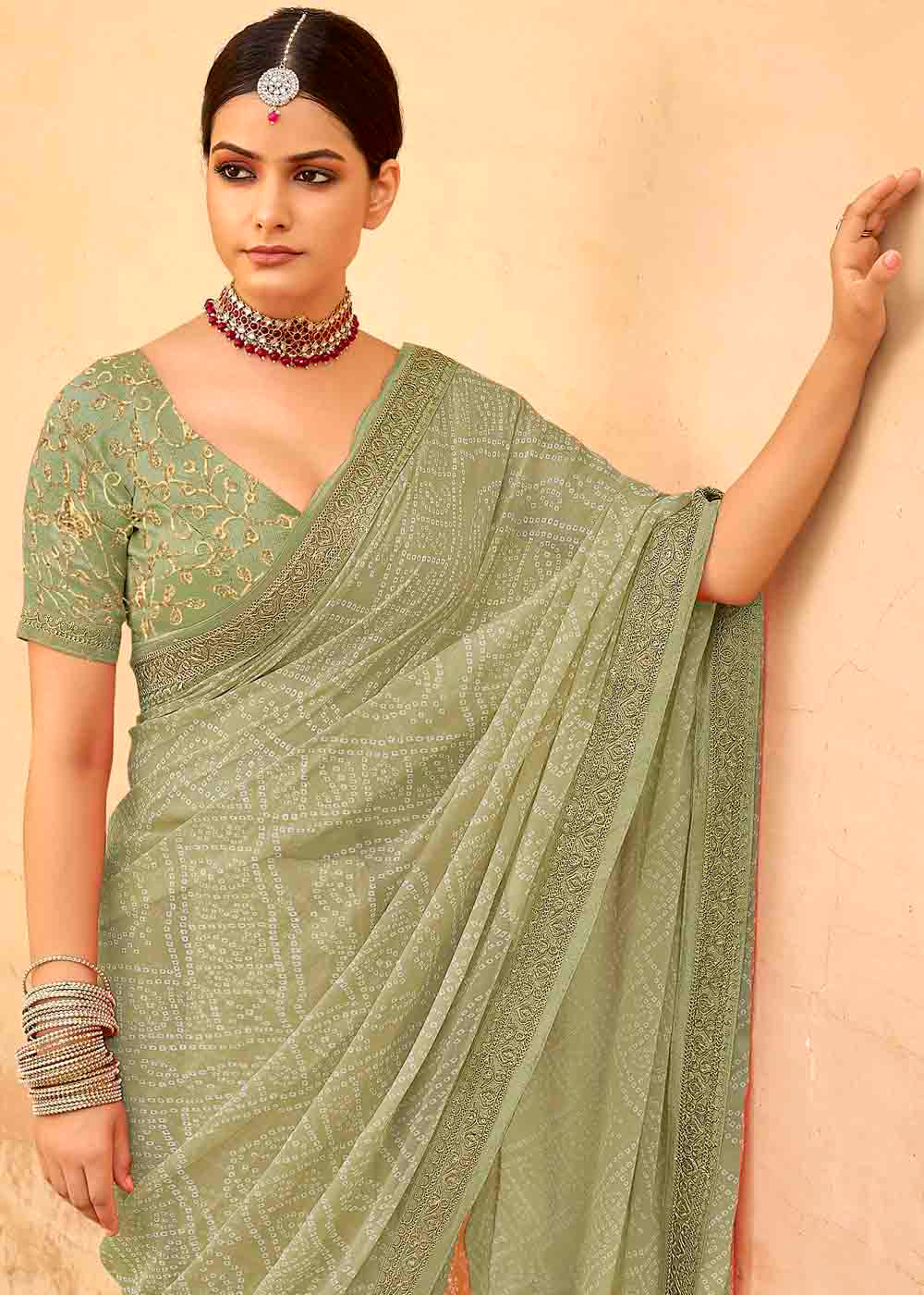 Buy MySilkLove Gimblet Green Georgette Leheriya Printed Saree with Embroidered Blouse Online