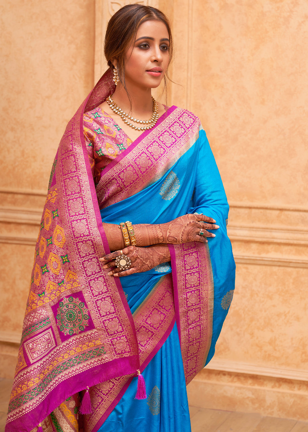 Buy MySilkLove Picton Blue and Pink Zari Woven Banarasi Silk Saree Online