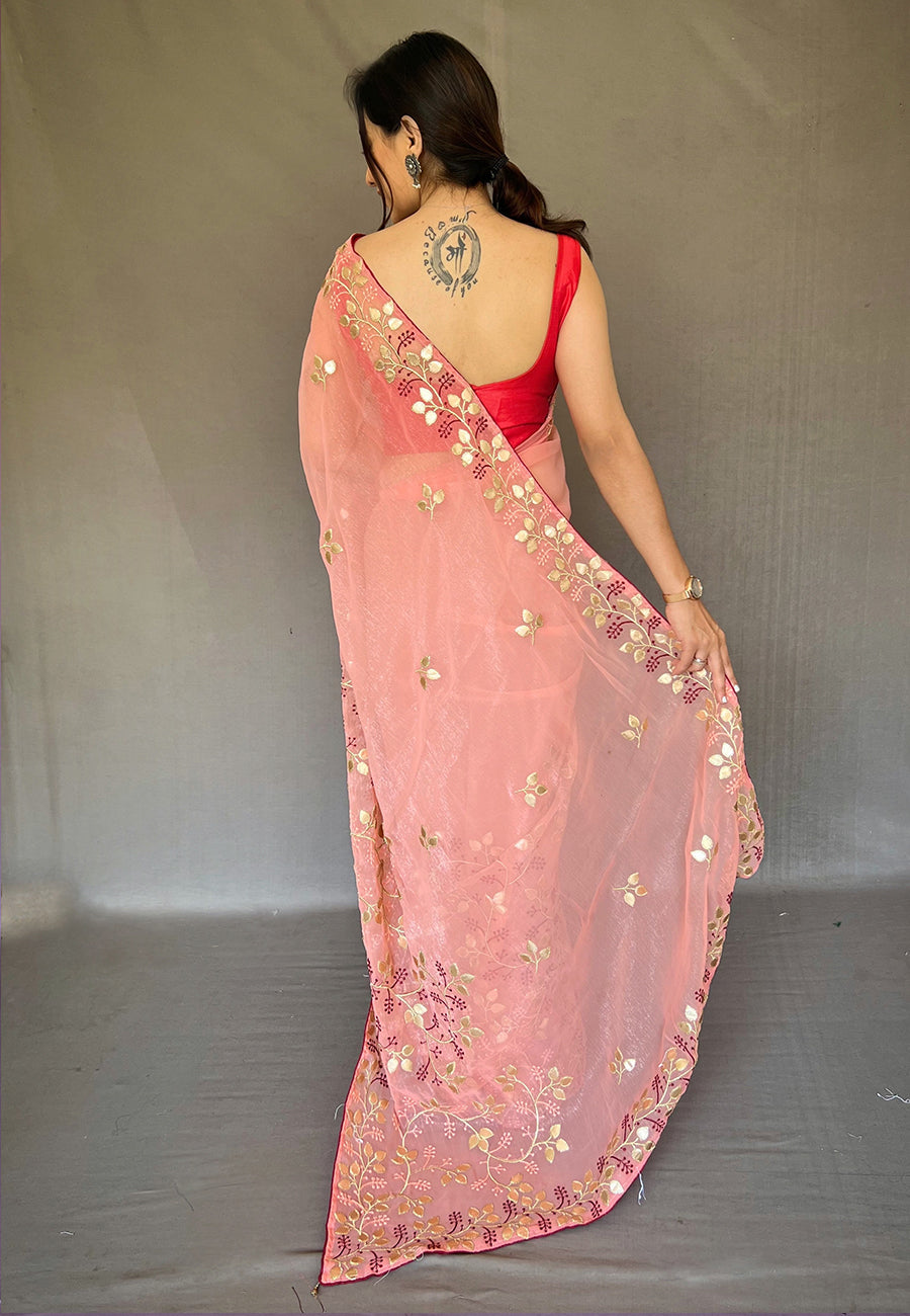 Buy MySilkLove Froly Peach Embroidered Organza Silk Saree Online