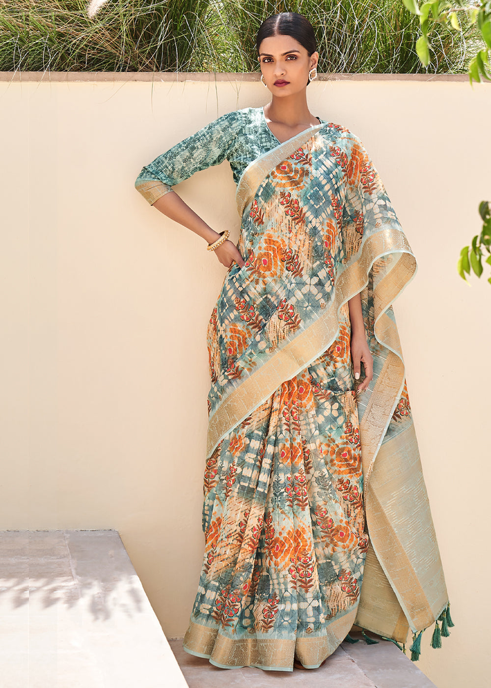 Buy MySilkLove Stack Blue Digital Print Linen Saree Online