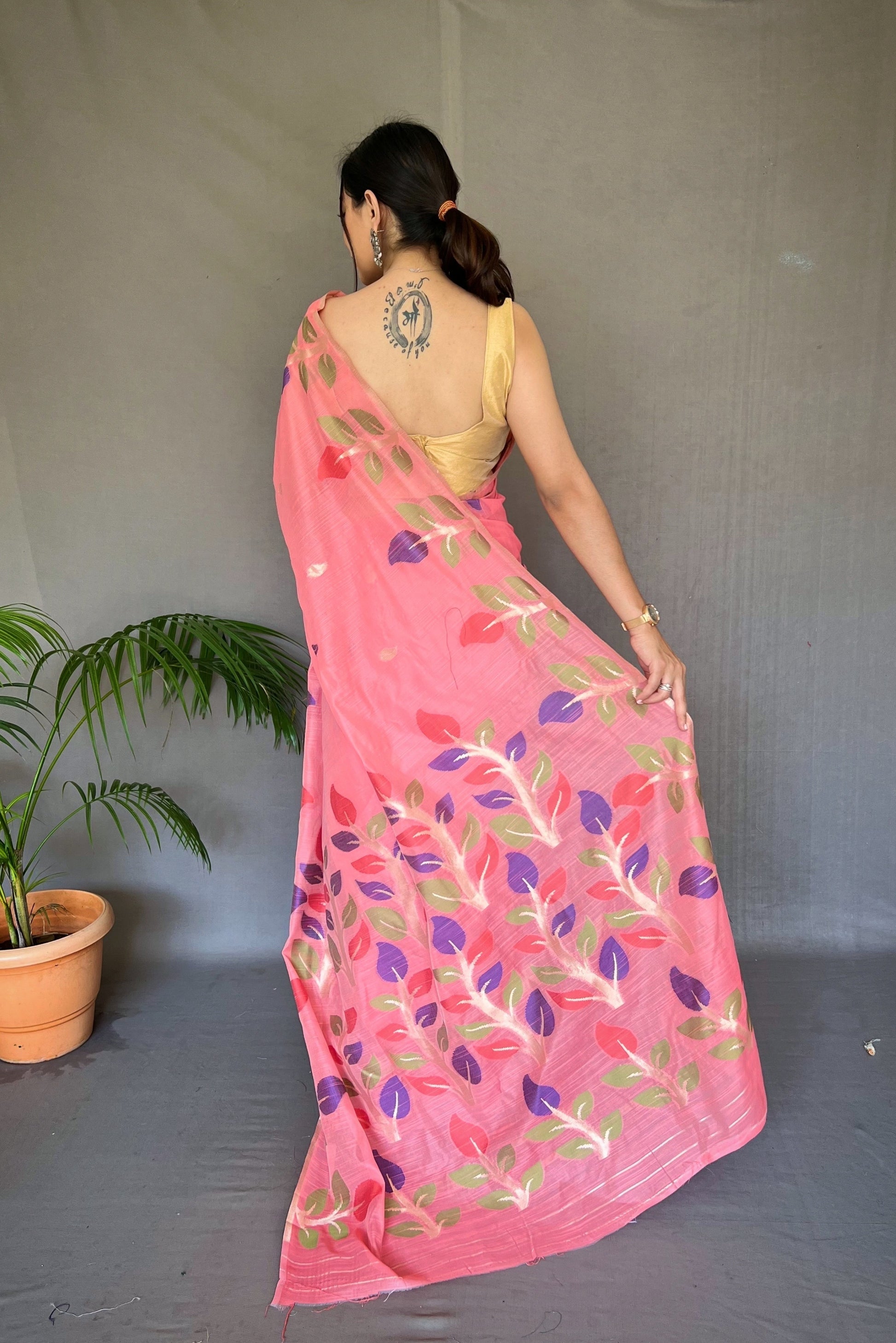 Buy MySilkLove Tickle Me Pink Woven Cotton Jamdani Silk Saree Online