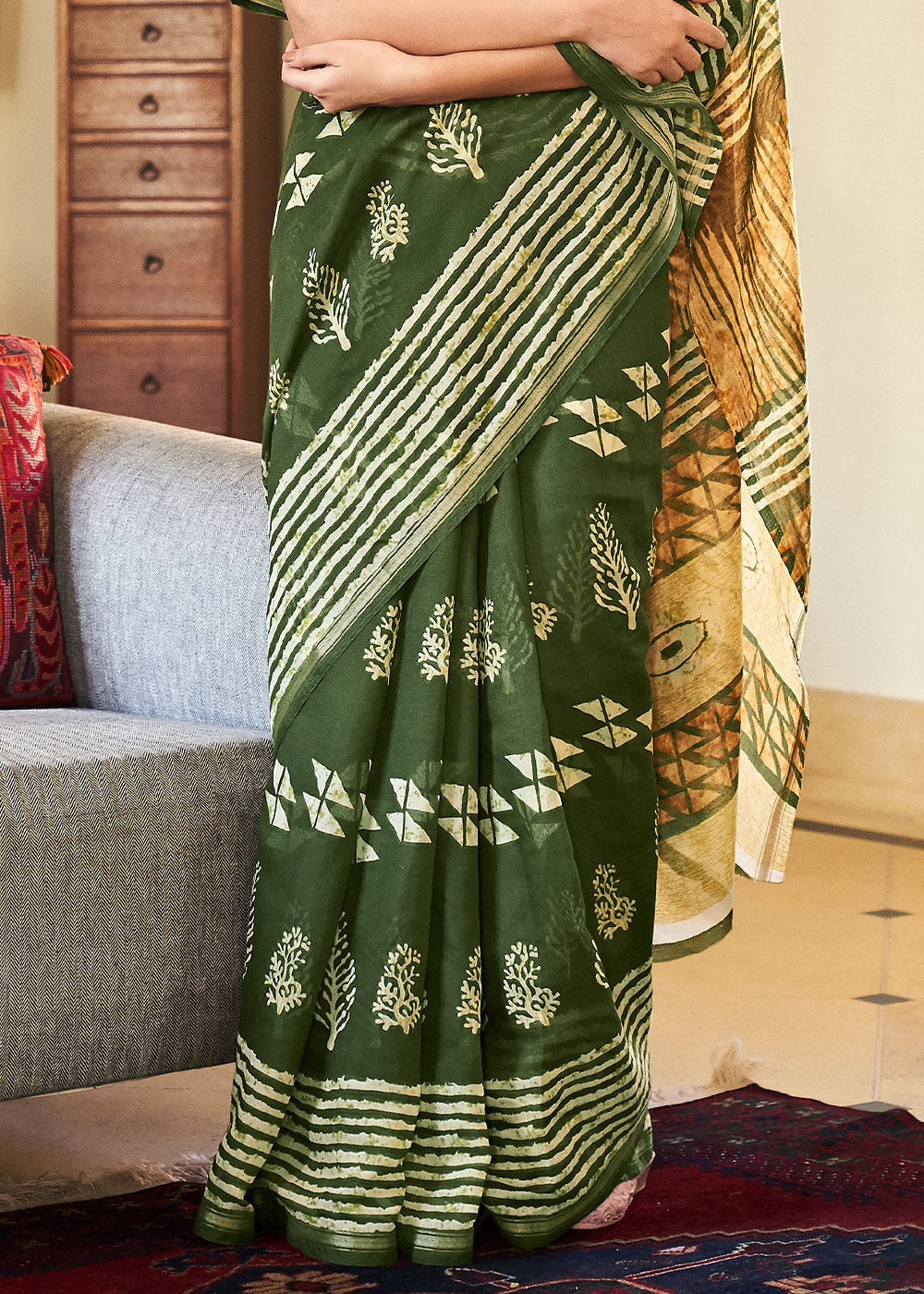 Buy MySilkLove Woodland Green Cotton Linen Batik Printed Saree Online